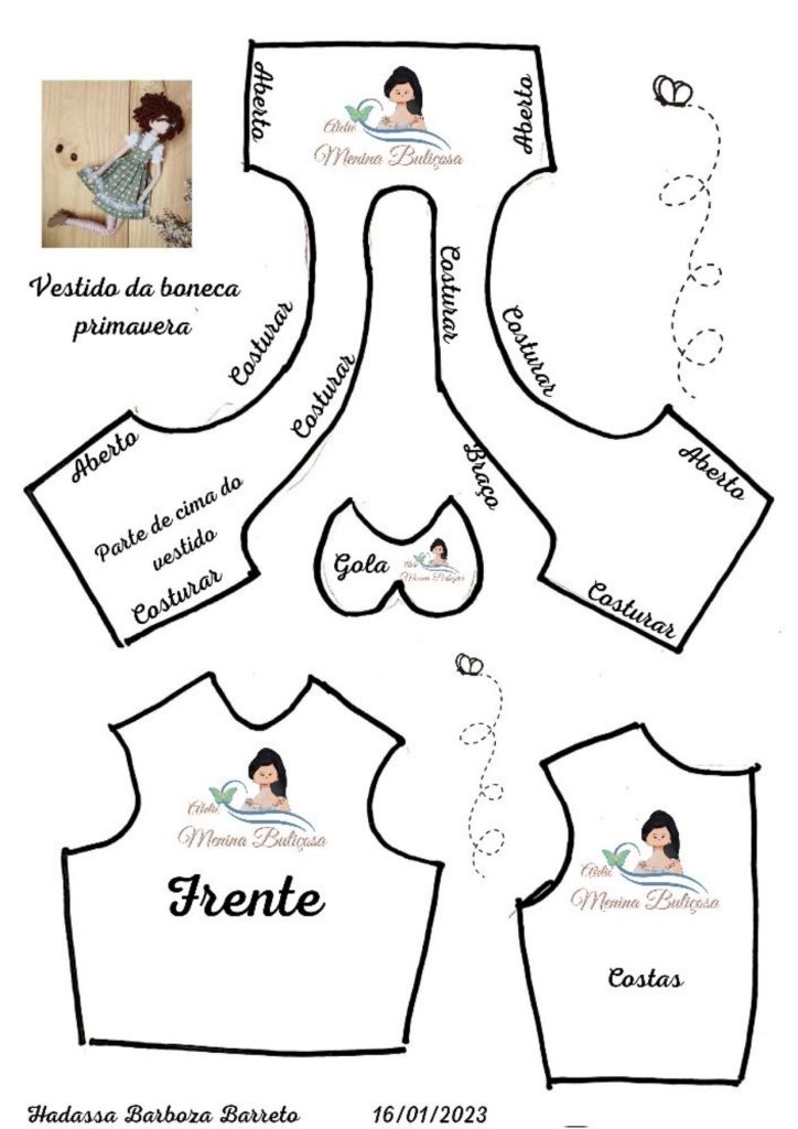Blusa e vestido da boneca de pano Primavera passo a passo - molde parte 2