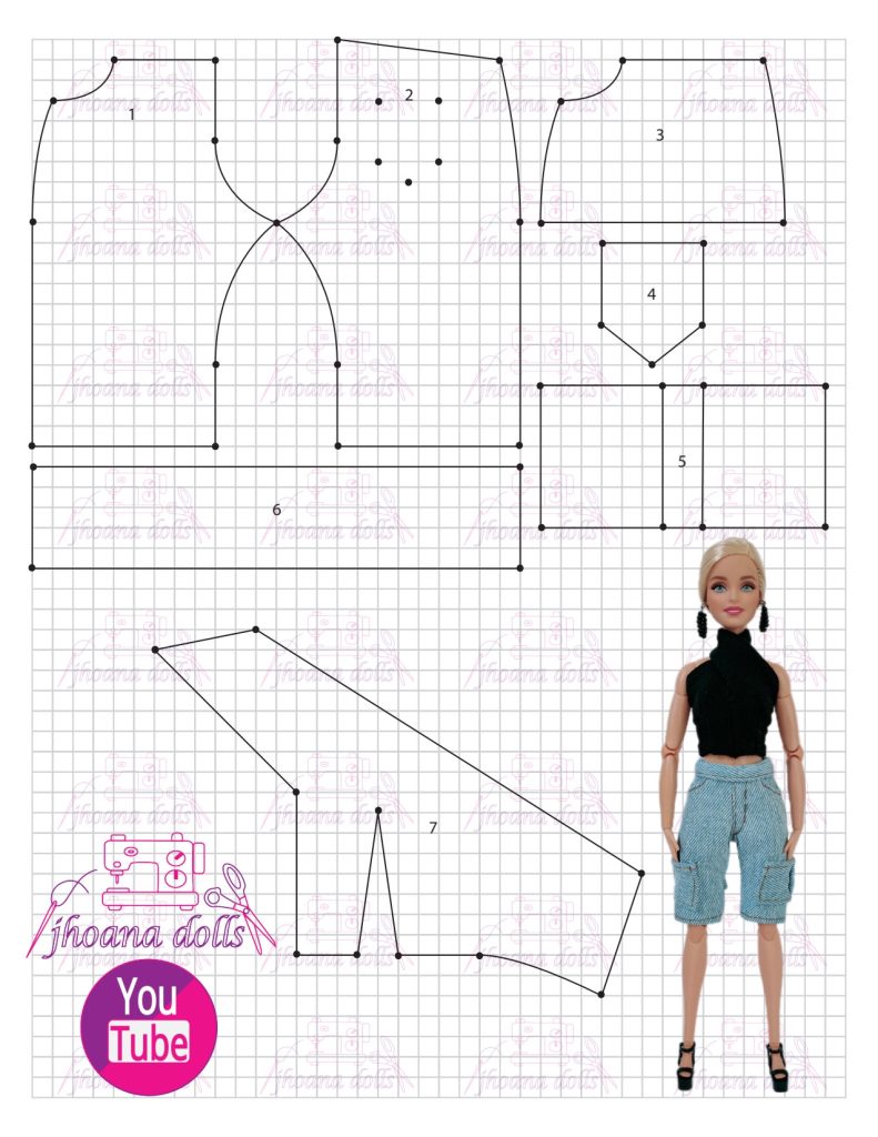 Calça cargo e cropped transpassado para Barbie - molde parte 1
