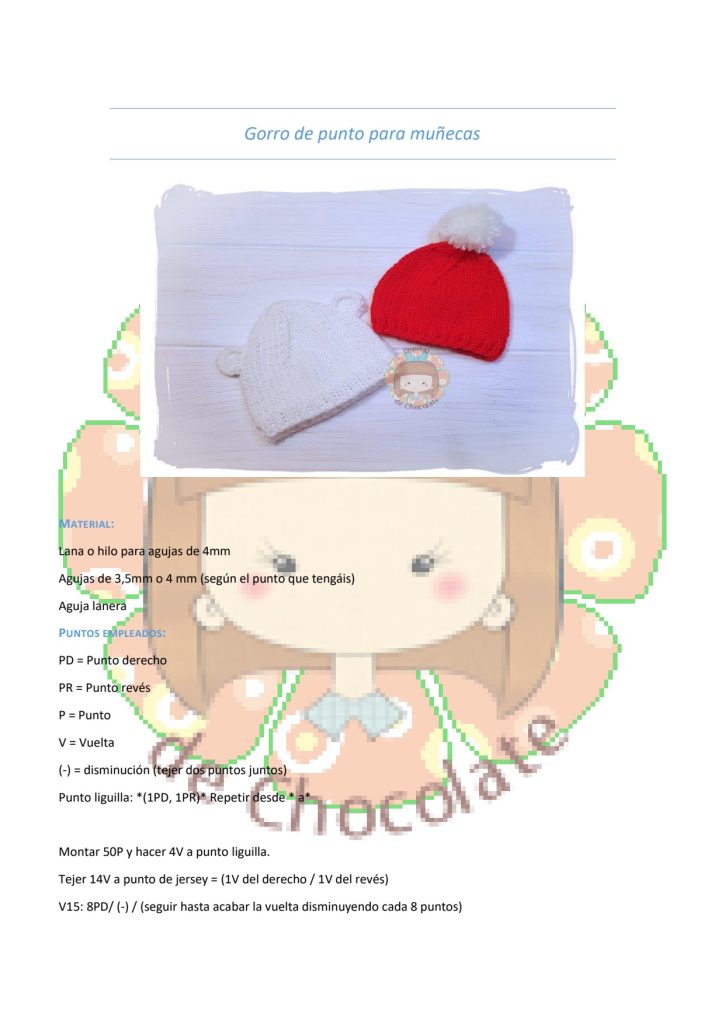 Gorro de tricô para bonecas - molde parte 1