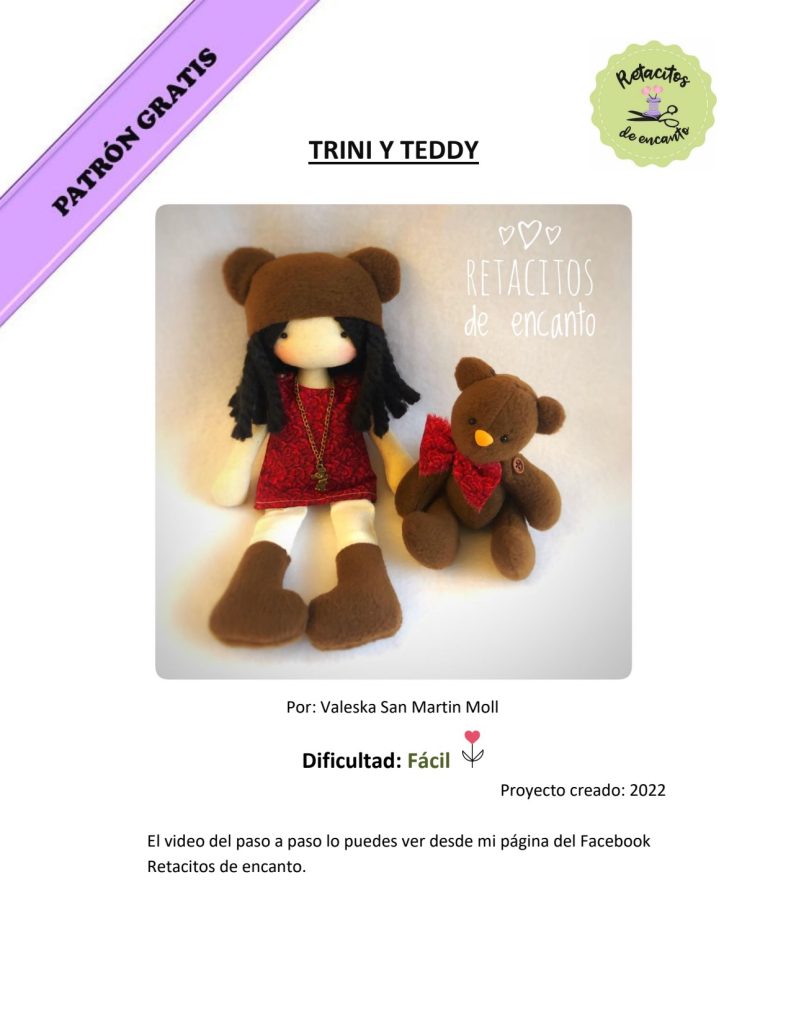 Boneca Trini e ursinho Teddy de tecido - molde parte 1