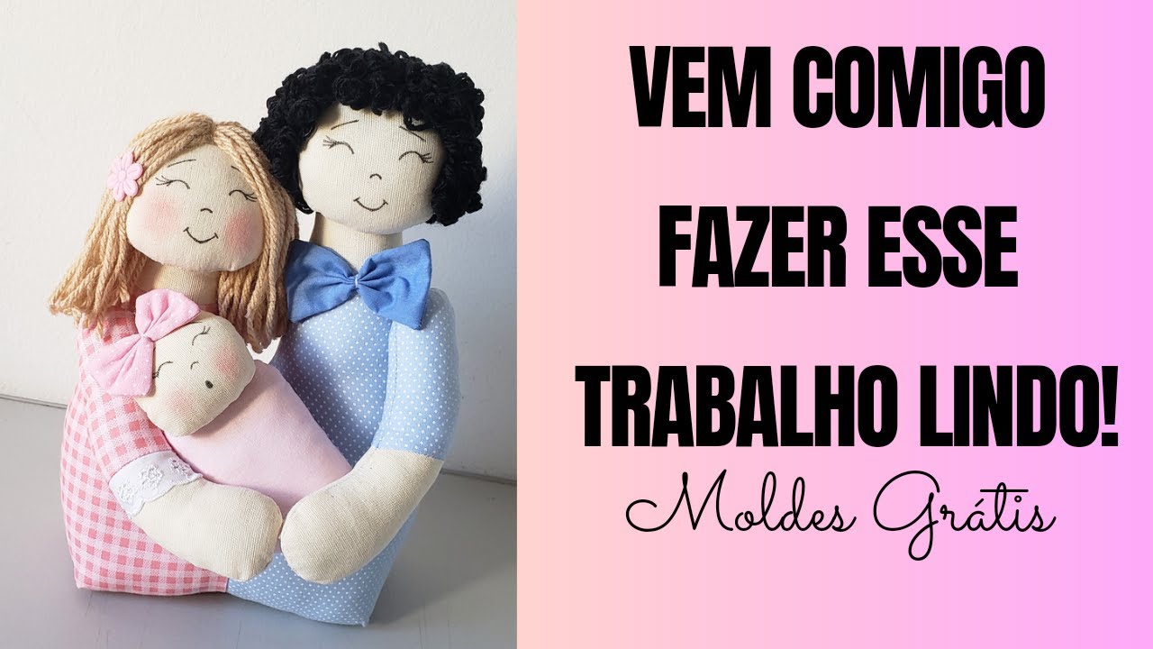 Casal fofo de bonecos de pano com bebê