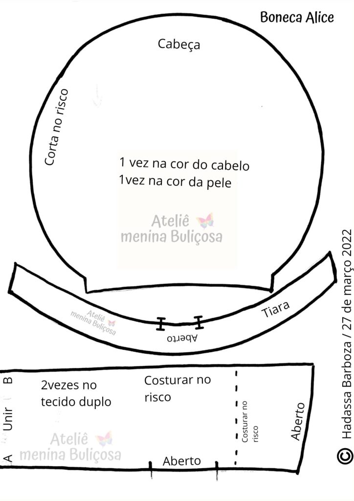 Como fazer boneca de pano serelepe Alice para brincar - molde parte 4