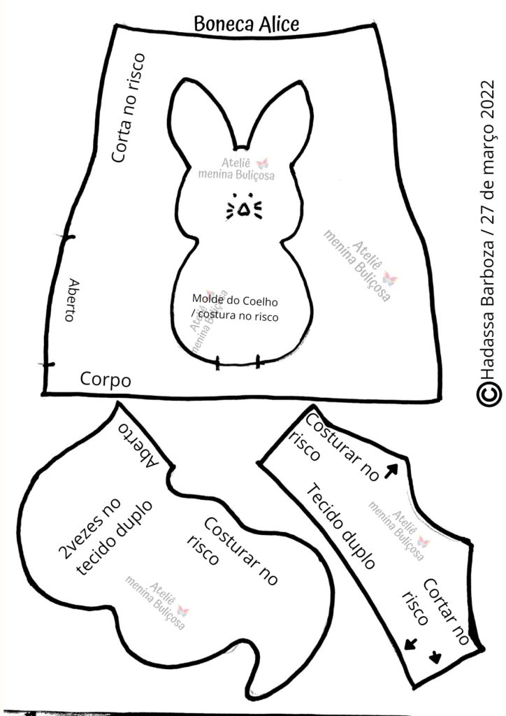 Como fazer boneca de pano serelepe Alice para brincar - molde parte 5