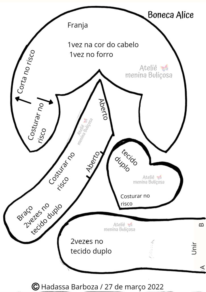 Como fazer boneca de pano serelepe Alice para brincar - molde parte 6