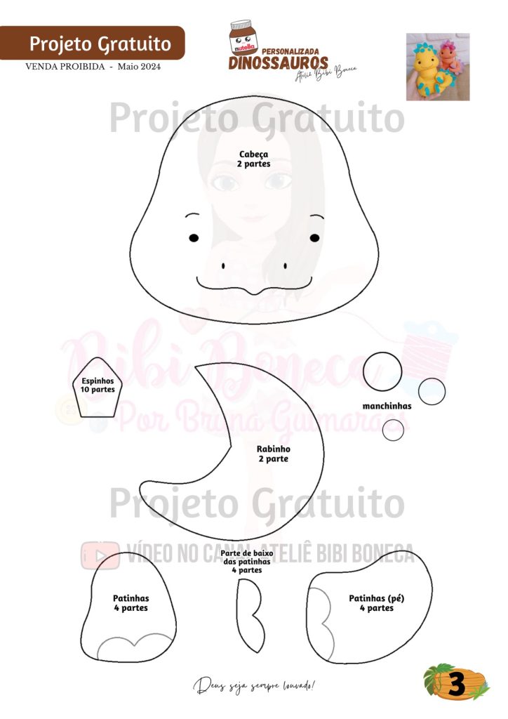 Pote de Nutella personalizado de luxo com dinossauros de feltro - molde parte 3