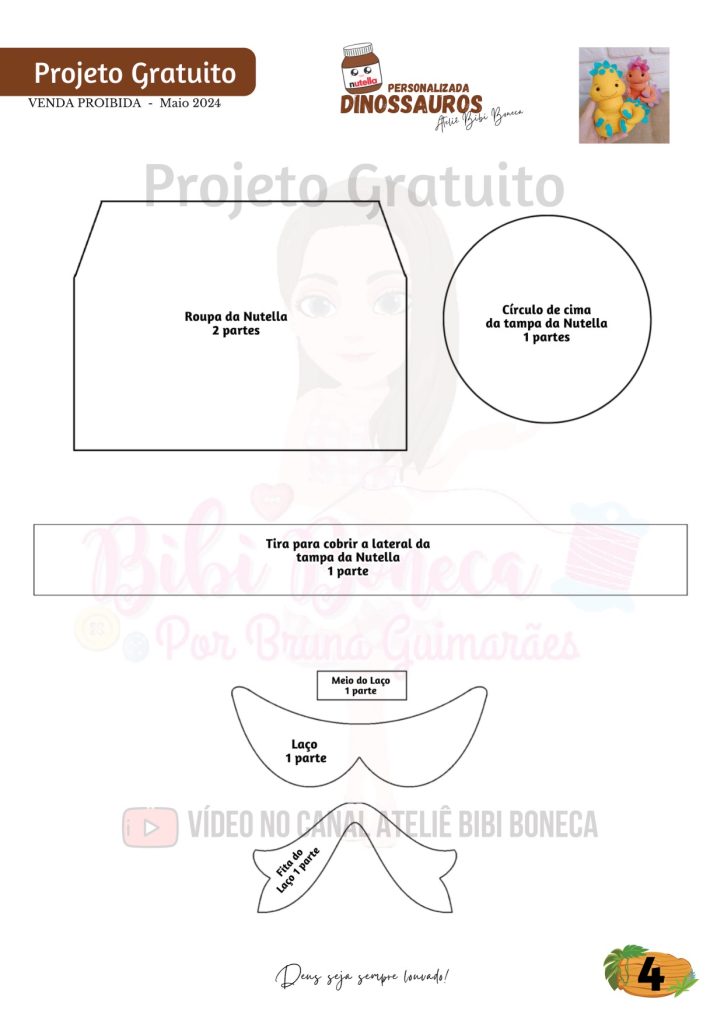 Pote de Nutella personalizado de luxo com dinossauros de feltro - molde parte 4