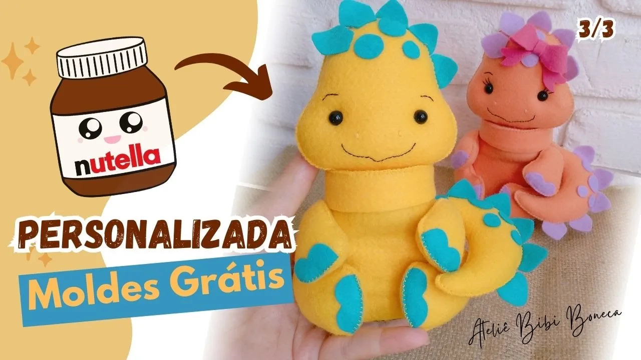 Pote de Nutella personalizado de luxo com dinossauros de feltro