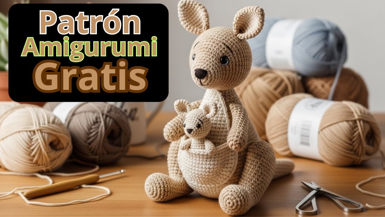Canguru mãe e filhote de amigurumi