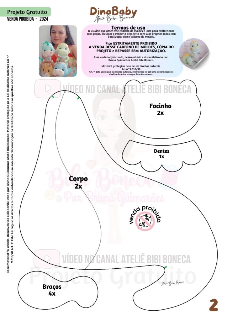 Dinossauro baby de feltro passo a passo parte 4 - molde parte 2