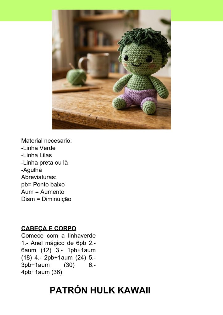 Hulk kawaii de amigurumi - molde parte 1