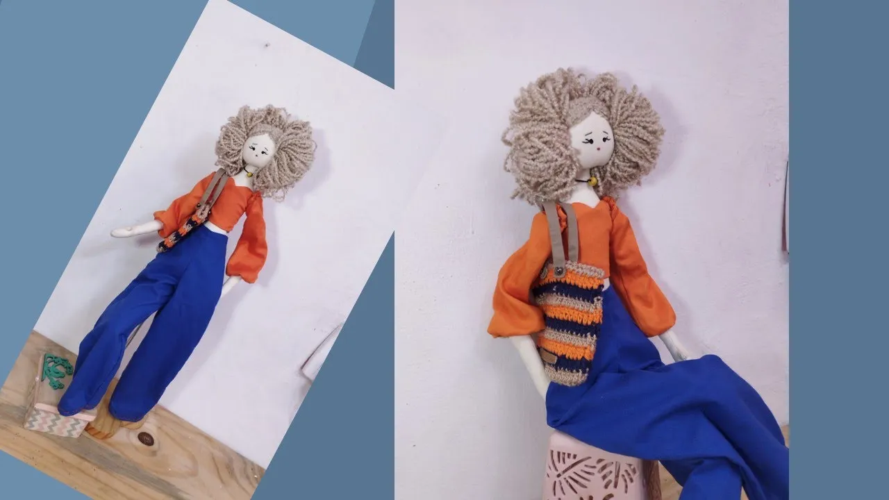 Roupa para boneca de pano com manga bispo e calça pantalona
